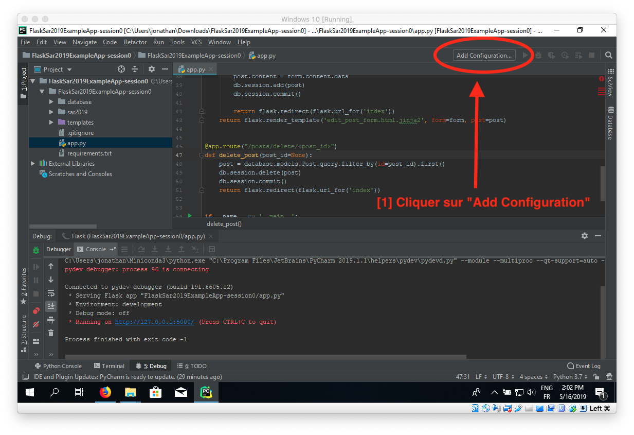 capture d'écran montrant comment configurer le mode flask et le mode debug