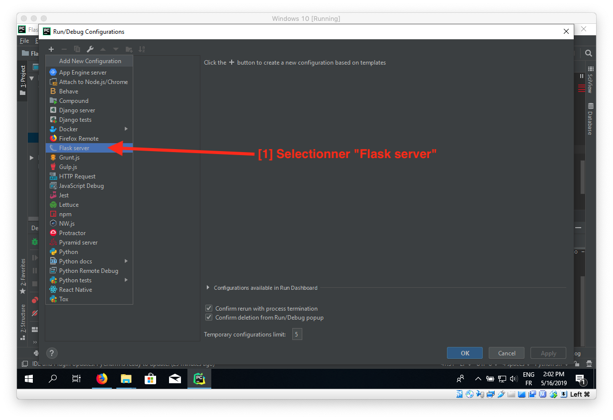 capture d'écran montrant comment configurer le mode flask et le mode debug