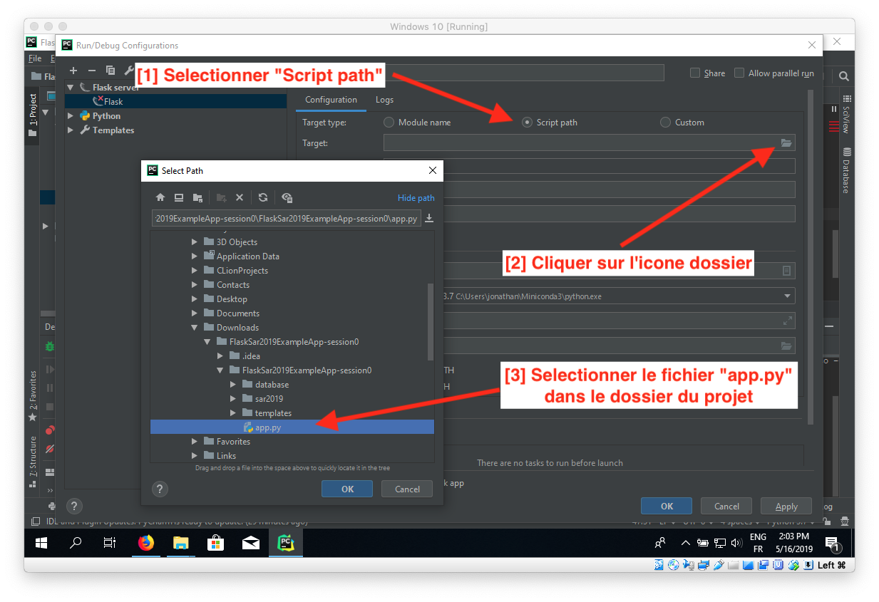 capture d'écran montrant comment configurer le mode flask et le mode debug